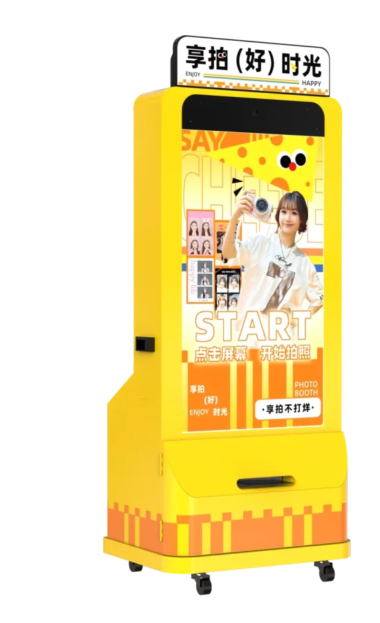 DOLA FOTO AI Face Photo Booth Right Side Profile Highlighting User Panel, Payment Slot, And Custom Branding Elements For Business Photo Booth Solutions