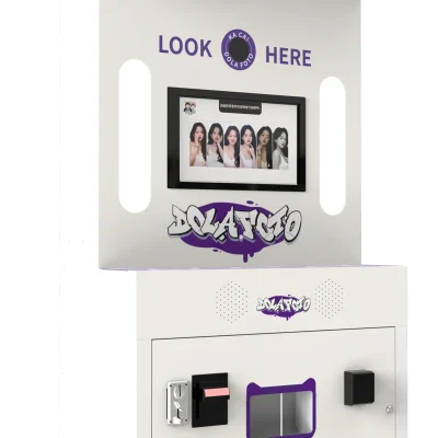 DOLA FOTO Dual Camera Photo Booth Left Side Profile Display Highlighting Structural Frame Branding Panel Payment Module And Service Access For B2B Installations
