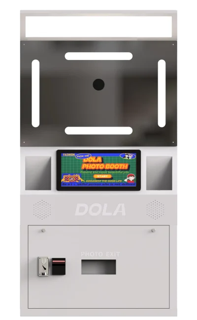 DOLA FOTO Mirror Fill Light Automatic Lift Photo Booth Front View Showcasing Reflective Glass Surface Embedded Ring Light And Touchscreen Interface For B2B Installations