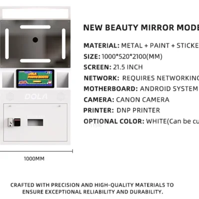 DOLA FOTO Mirror Fill Light Automatic Lift Photo Booth Key Selling Points Infographic Emphasizing Intelligent Auto-Lift Function Embedded Studio-Quality Lighting And User-Friendly Operation
