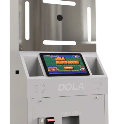 DOLA FOTO Mirror Fill Light Automatic Lift Photo Booth Left Side Profile Displaying Integrated LED Ring Light And Structural Frame Details For Corporate Activations
